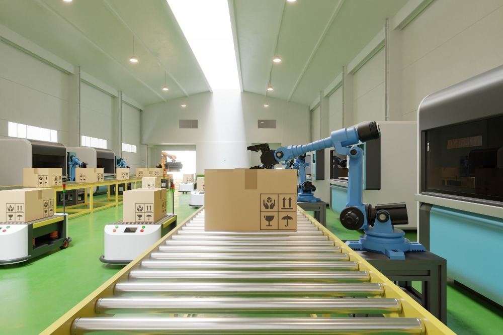 interior warehouse logistic center have agv robot arm