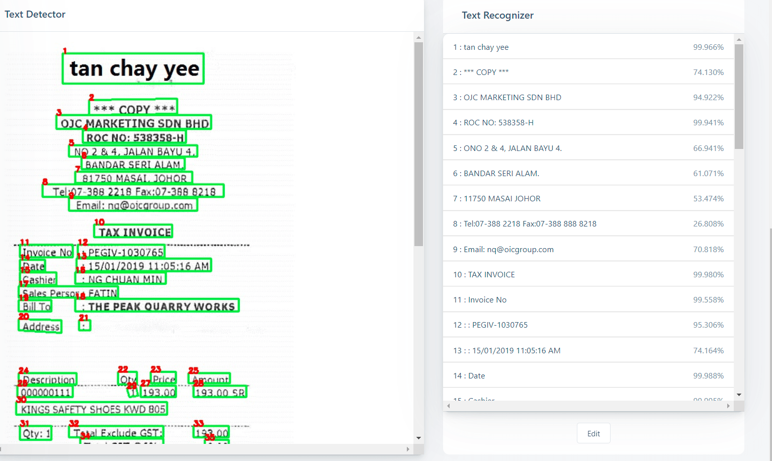 How GEM AI-driven OCR Engine captures data from a tax invoice