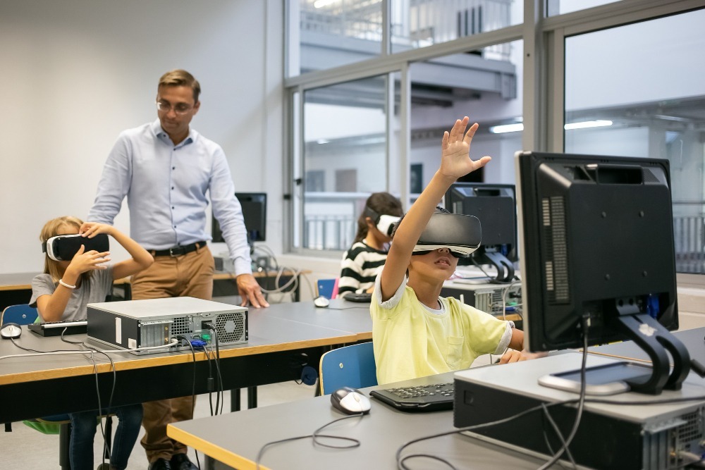 group multiethnic kids wearing vr headsets teacher watching them