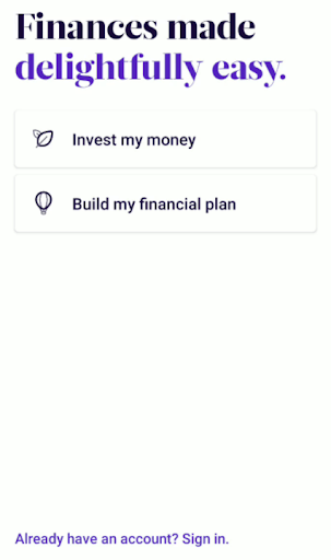 The simplified onboarding screen of Wealthfront's mobile app