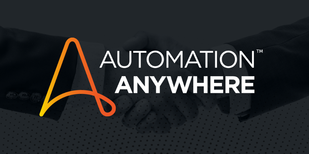  Automation Anywhere logo with business handshake background, representing partnership in robotic process automation (RPA).