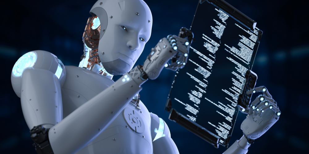 considerations when selecting your ai automation agency Futuristic humanoid robot analyzing digital data panel, symbolizing AI capability in automation decision-making.