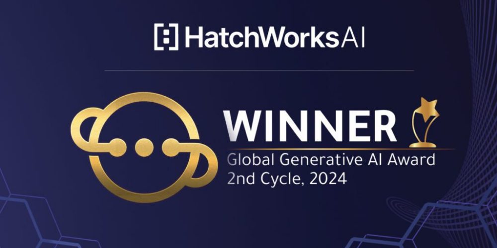 HatchWorks AI wins the Global Generative AI Award 2024 – logo and award design on blue futuristic background.