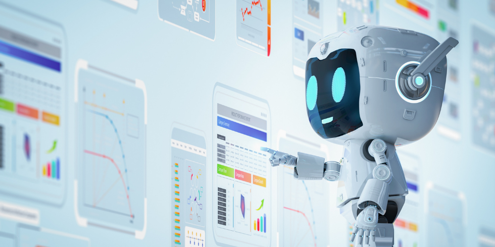 Cute robot interacting with data dashboards and analytics charts, illustrating AI automation agency services.