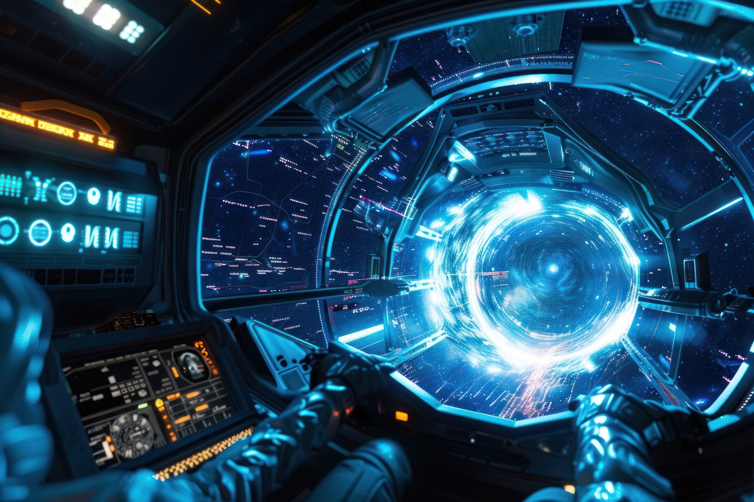 Aerospace servicenow managed services_Futuristic spaceship cockpit wormhole