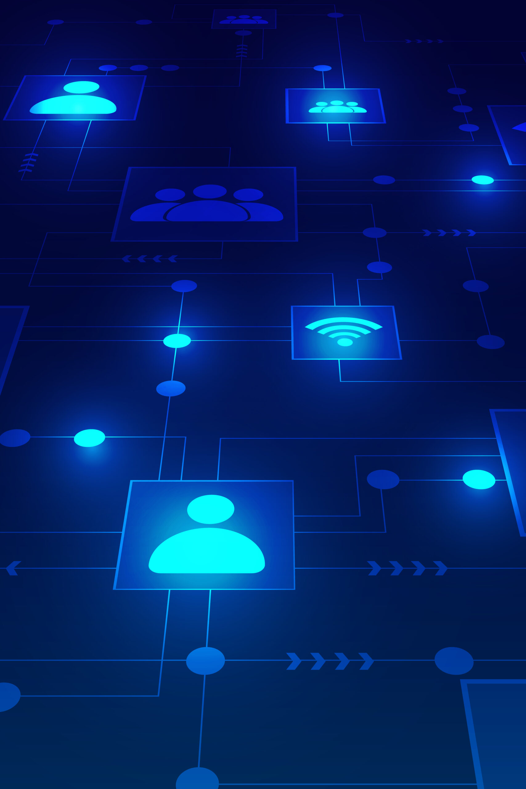 Vertical dark blue technology background with glowing user icons