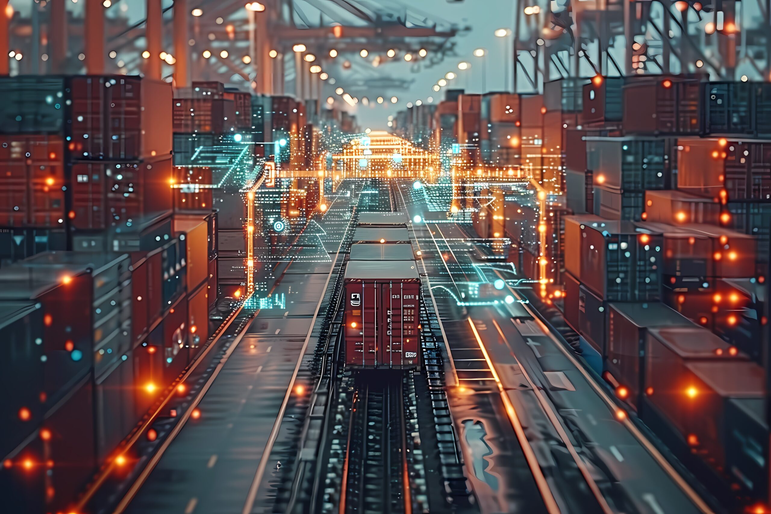 logistics means transport together with technological futuristic holograms