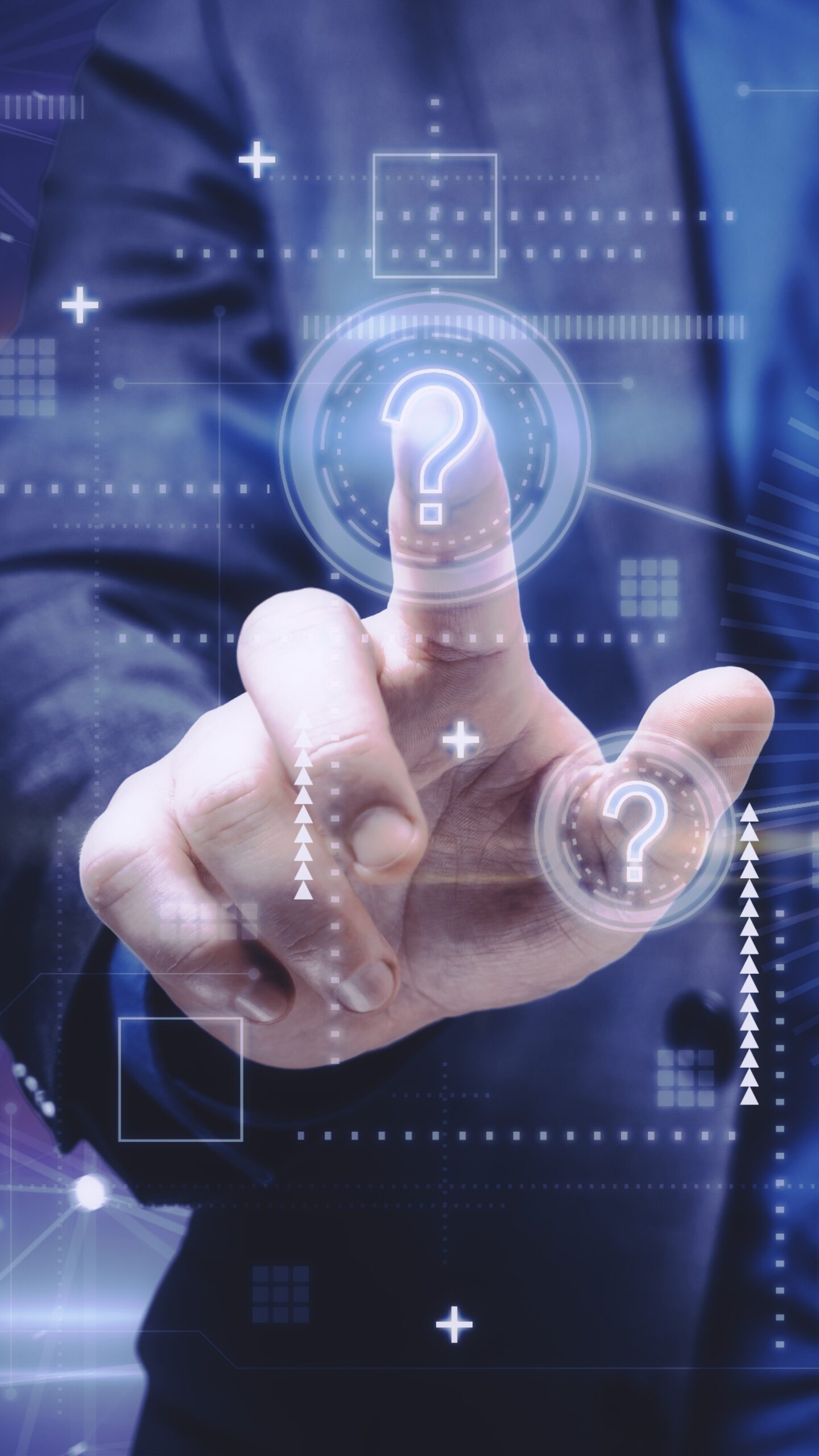 businessman hand pointing creative glowing question marks interface blurry background technology business help faq concept