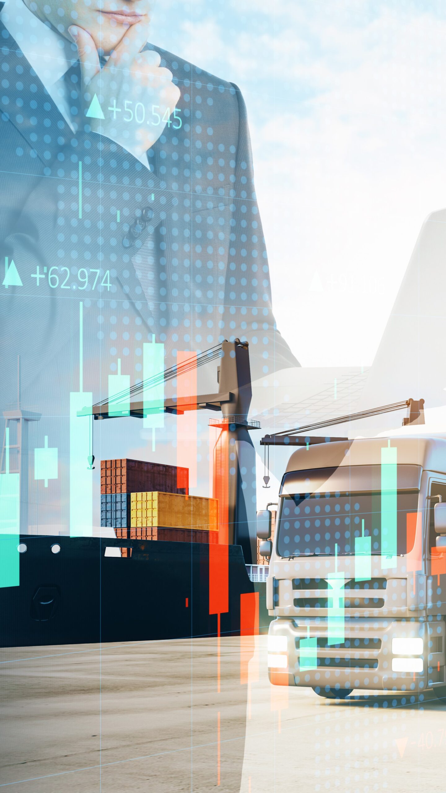 businessman with laptop standing abstract double exposure background with forex chart cargo airplane truck ship business shipping trade logistics concept