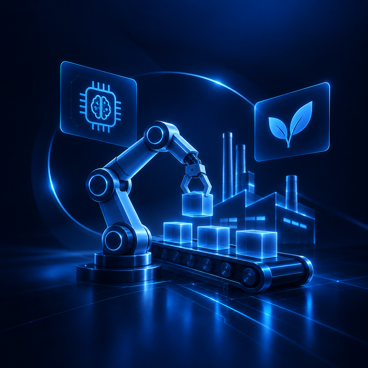 6-Month Smart Manufacturing Transformation: Powering a Sustainable, AI-Ready Factory- Image size: 1:1 - Abstract - No word in there - Blue dark colour - Feeling: more Professional, high-tech